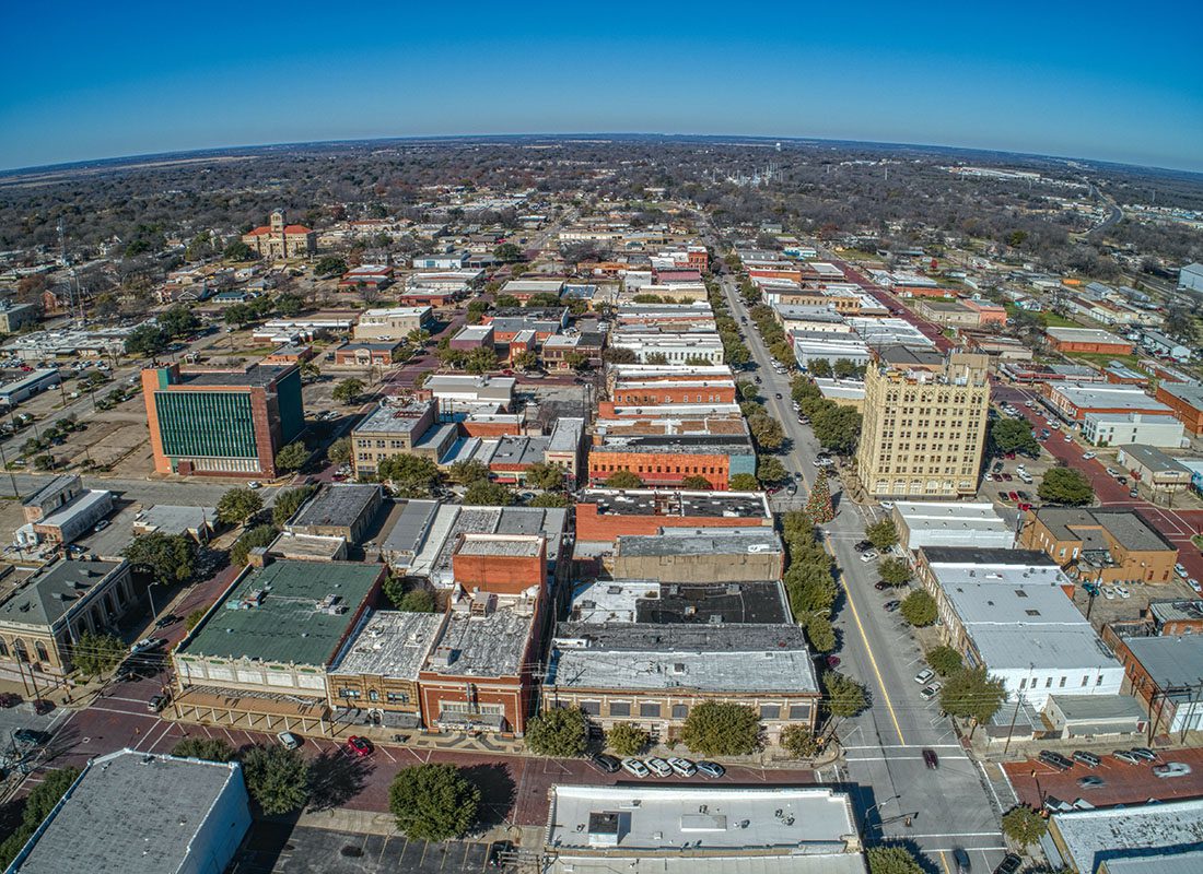 Corsicana, TX - Aerial View of Buidings in the Small Town of Corsicana Texas on a Sunny Day